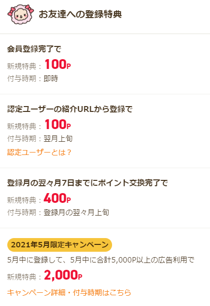 お友達への登録特典